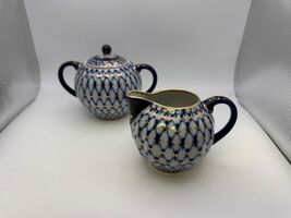 Lomonosov Russian Fine China COBALT NET Creamer &amp; Sugar Bowl Set - $169.20 CAD