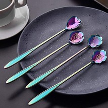 (Rainbow - 4) Flower Spoon Set Stainless Steel Teaspoons Reusable Coffee Stirrer - £19.18 GBP