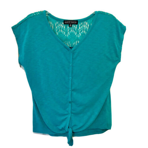 Almost Famous Womens M Emerald Green Lace V Neck Button Tie Front Cap Sl... - $11.95