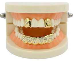Custom Fit 14K Gold Plated CZ Iced Grillz Tooth Caps and Lower Teeth 3pc... - £15.77 GBP