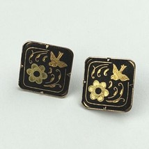 Vintage Gold Tone Bird &amp; Floral Damascene Pierced Clip Earrings Square 3/4 In - £11.06 GBP
