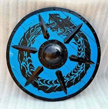 Medieval Knight shield  Handcrafted Viking Dragon Blue shield Wooden Viking - $134.15