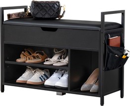 Storage Shoe Bench With Padded Seat, Lift Top Shoe Storage Bench,, Black - £97.19 GBP