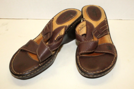 Women&#39;s Born Brown Leather Strappy 3&quot; Wedge Heel Slip On Sandals Shoes Size 6 - £23.65 GBP