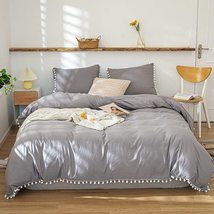 Gray Color with White Pom Pom Cotton Fringes Tassels Duvet Cover with Bu... - £54.04 GBP+