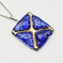 Necklace - pendant handmade bubble blue with platinum, rectangle &quot;X&quot; - £19.03 GBP