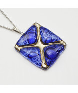 Necklace - pendant handmade bubble blue with platinum, rectangle &quot;X&quot; - $32.79 CAD