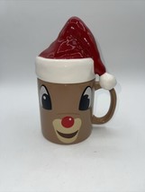 Rudolph The Red Nosed Reindeer 3-D Ceramic Lidded Mug Cup Christmas Holiday - £13.42 GBP