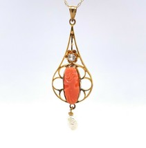 10k Yellow Gold Coral Cameo Lavaliere Pendant (#J5461) - £290.92 GBP