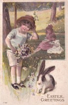 Easter Greeting Boy Girl Rabbit Flowers Postcard D49 - £2.34 GBP