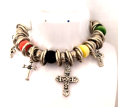 Women&#39;s Stretch Bracelet Silver Tone Cross Charms  Multicolor Beads Religious - £7.19 GBP