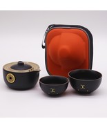 Black Money Ceramic Cat Teapot / 2 Matching Cup Set with Case - Travel Pack - $40.96 CAD