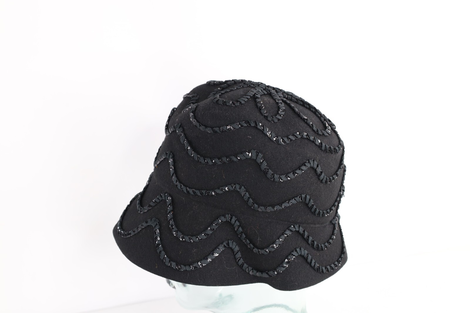Vintage 50s Rockabilly Wool Felt Sequined Flower Bucket Hat Cap Black Womens USA Item image 3