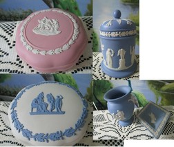 Wedgwood Blue Pink Jasperware Trinket Box Vase Sacrificial Sun God Pattern PICK1 - $72.99