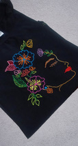 Hand-Embroidered Nature Inspired Face Art Women’s Black Cotton T-Shirt - £34.79 GBP