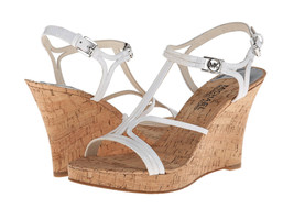 New Womens MICHAEL Michael Kors Sandals White Cork Wedge Shoes 10 Silver Logo  - £148.75 GBP