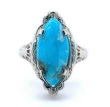 14k Gold Art Deco Genuine Natural Turquoise Marquise Filigree Ring (#J5187) - $678.15