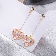 Korea Small Fresh Pink Sequin Love Earrings for women Sweet Crystal Heart Long E - £6.88 GBP