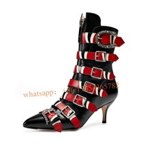 Vintage Floral Low Heel Pointy Toe Ankle Boots Patchwork Belt Buckle Booties Zip - £152.20 GBP
