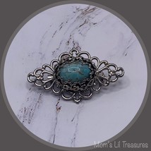 Silver Tone Filigree Blue Turquoise Glass Accent Pin Brooch Costume Jewelry - £5.46 GBP