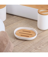 Premium White Soap Dish Padang with Bamboo Tray - Stylish Bathroom Stora... - £9.24 GBP