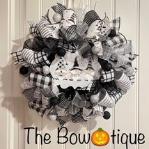 13 inch Halloween Ribbon Wreath Black White Gnome MW4 - £39.32 GBP