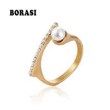 BORASI New Pearl Crystal Rings For Women CZ Fashion Rings Jewelry Stainless Stee - £7.91 GBP