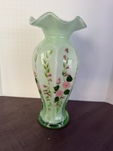 VTG Fenton Style Opaline Green Cased Glass Ruffle Floral HandPainted Vas... - $26.95