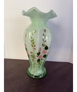 VTG Fenton Style Opaline Green Cased Glass Ruffle Floral HandPainted Vas... - $501.93 MXN