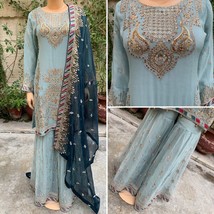 Pakistani Light Blue Straight Style Embroidered Sequins Chiffon Gharara Dress,L - £97.44 GBP