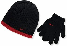 Nike Youth Boy&#39;s Knit Beanie &amp; Gloves Black / Gym Red - £32.14 GBP