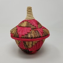 Moroccan? Hand Woven Basket W Ornate Lid Red And Beige - £23.90 GBP