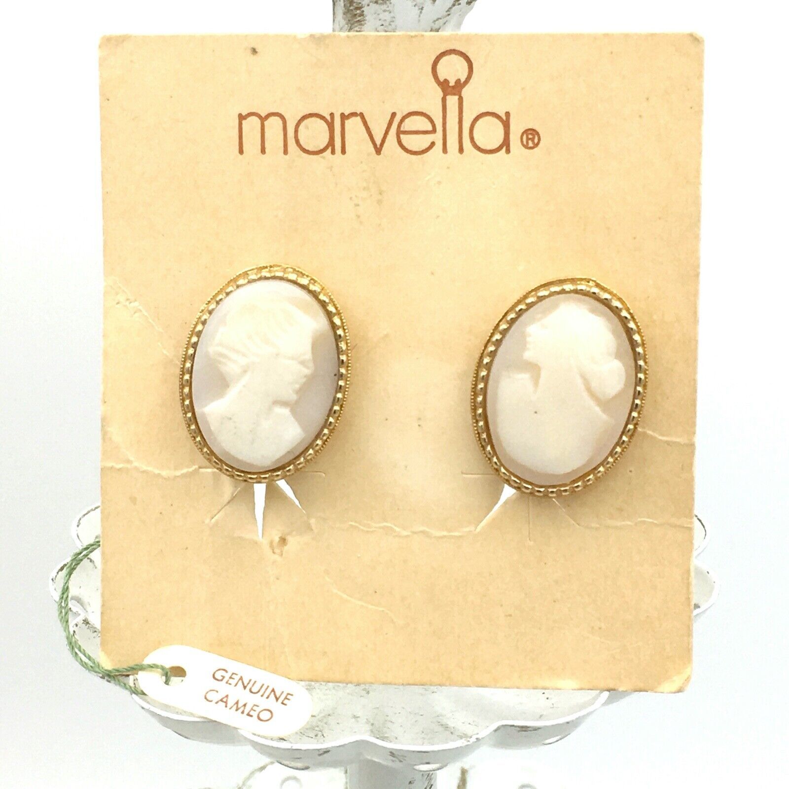 Primary image for MARVELLA vintage genuine cameo clip-on earrings - NEW carved shell gold-tone