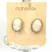 MARVELLA vintage genuine cameo clip-on earrings - NEW carved shell gold-tone - £19.77 GBP