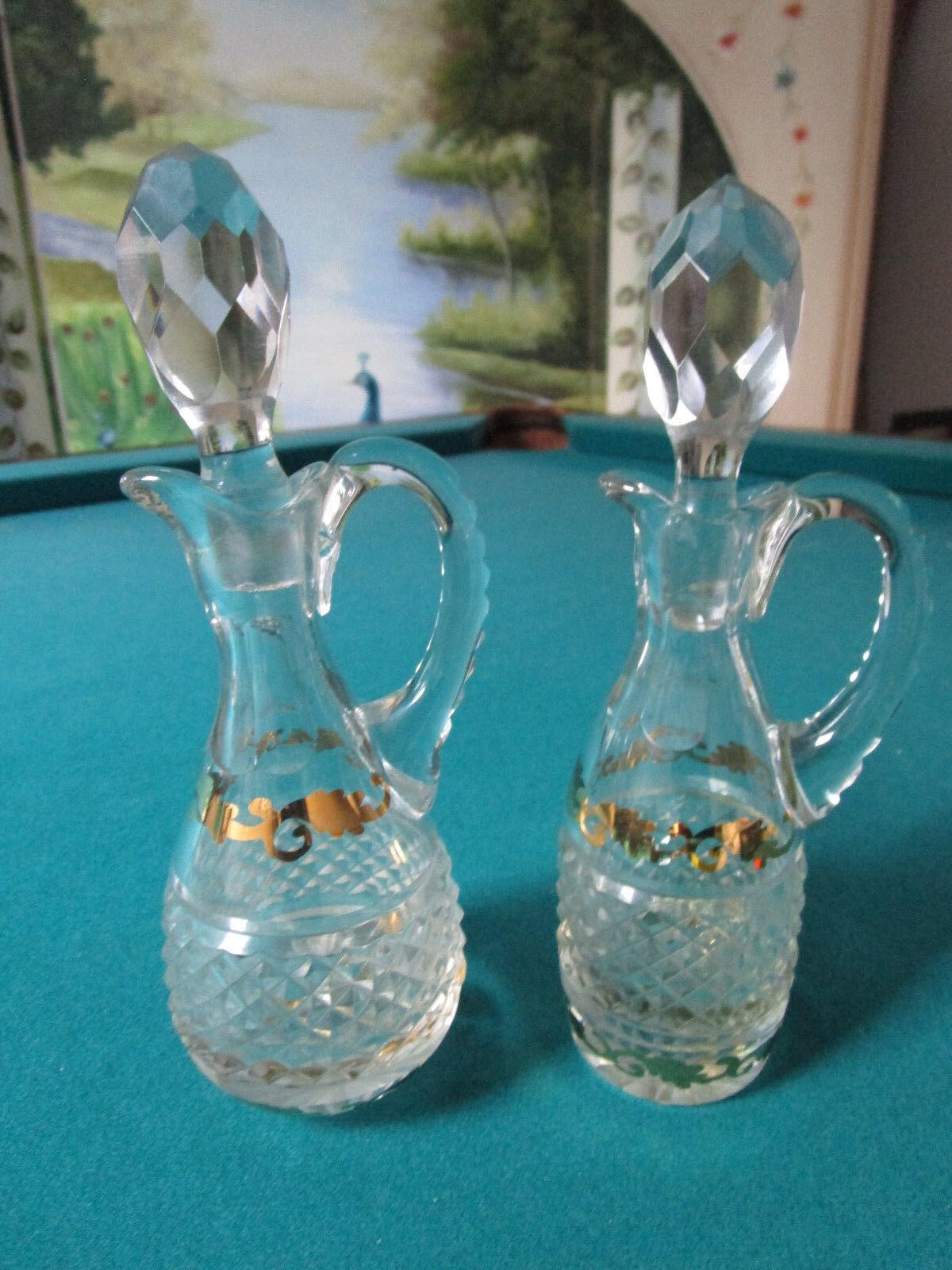 PAIR OF MID CENTURY CRUETS GLASS AND GOLD 8&quot; TALL [*GL-13] - $63.35
