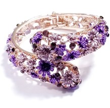 Hinged Cuff Bracelet, Purple Rhinestone Bangle, Floral Wedding Bracelet - £28.72 GBP