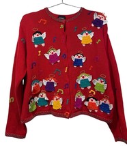 Christina Rotelli Angel Choir Sweater Red Embroidery Applique Knit Snap Front M - £32.12 GBP