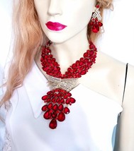Large Breastshield Necklace, Red Rhinestone Crystal Choker, Stage Necklace Earri - £139.07 GBP