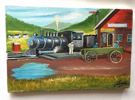 Folk Art Original Signed Oil Painting On Canvas Steam Engine Railroad Locomotive - £111.11 GBP