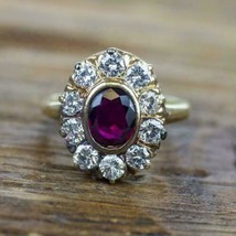 2.30Cttw Simulated Ruby &amp; Diamond 14k Yellow Gold Plated Cluster Engagement Ring - £81.64 GBP