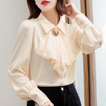 Retro Blue Chiffon Blouse Shirt Autumn Spring Workwear OL Tops Elegant Women Lon - £56.08 GBP