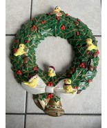 Ceramic Christmas Wreath Vintage HOLLY BERRY BIRDS PINECONES BELLS Holid... - $39.59