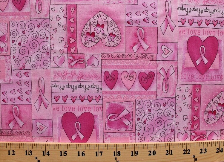 Cotton Breast Cancer Ribbon Hearts Pink Cotton Fabric Print by the Yard ... - $12.49