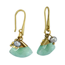 Bohemian Green Fan-Shaped Quartz and Freshwater Pearl Dangle Earrings - £13.88 GBP