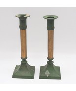 Pair Green Metal Candlestick 8&quot; Tall - £60.45 GBP