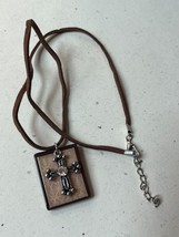 Brown Faux Leather Cord w Plastic Rectangle &amp; Silvertone Cross Overlay Pendant - £8.92 GBP