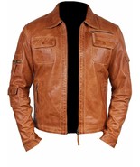 Men&#39;s handmade Fashion Lambskin Leather Tan Waxed Moto Jacket  - $3,236.52 MXN