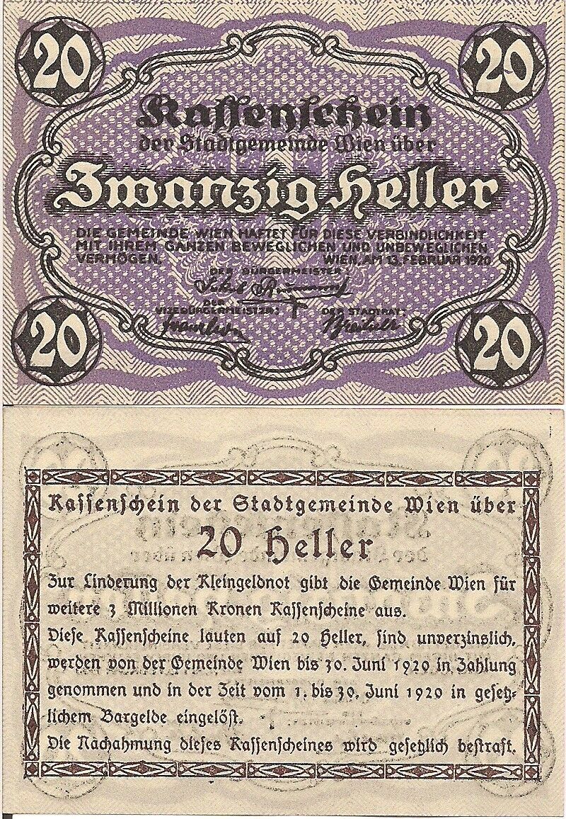 Austria P R57, 20 Heller, Regional note for Vienna, 1920, UNC - $3.11