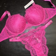 Victoria&#39;s Secret 34DD,34DDD,38DD Bra Set Panty Hot Pink Lace Shine Strap Heart - £69.91 GBP