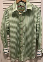 Robert Graham Men’s Size L Green White Striped Flip Cuff Shirt - $34.99